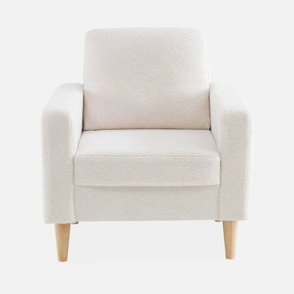 Fauteuil scandinave Bjorn bois eucalyptus tissu bouclette cocooning