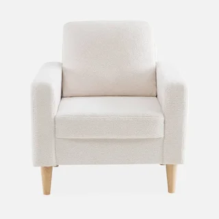 Fauteuil scandinave Bjorn bois eucalyptus tissu bouclette cocooning