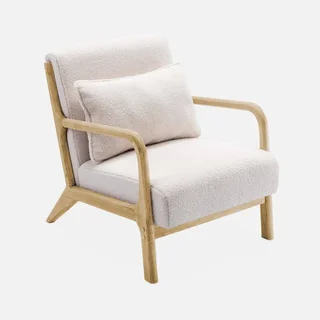 Fauteuil scandinave bois hévéa assise bouclette crème Lorens