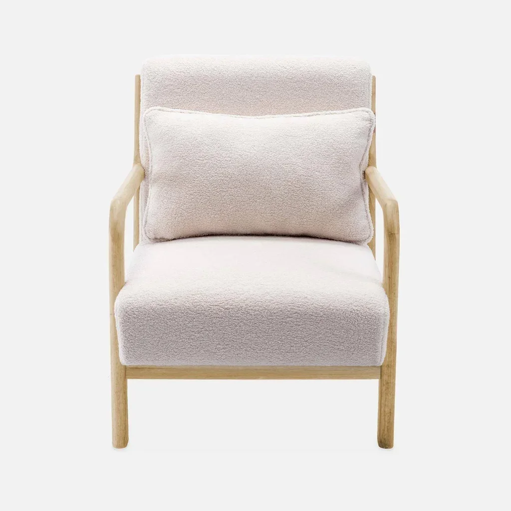 Fauteuil scandinave bois hévéa assise bouclette crème Lorens