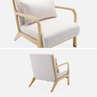 Fauteuil scandinave bois hévéa assise bouclette crème Lorens