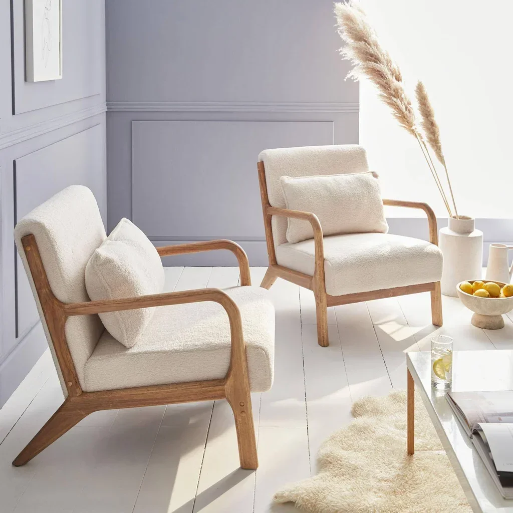 Fauteuil scandinave bois hévéa assise bouclette crème Lorens
