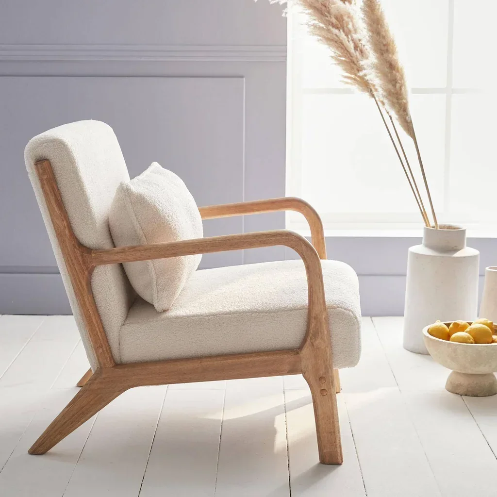 Fauteuil scandinave bois hévéa assise bouclette crème Lorens