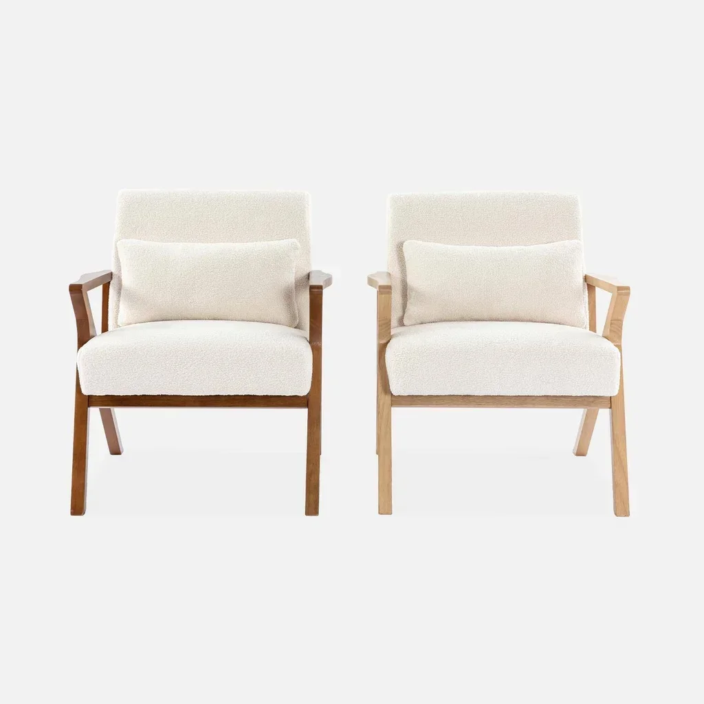 Fauteuil scandinave bois hévéa bouclette crème - Antoine