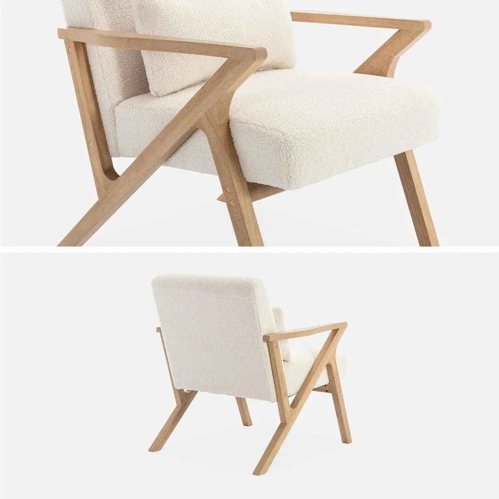 Fauteuil scandinave bois hévéa bouclette crème - Antoine