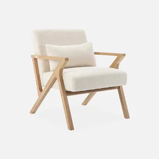 Fauteuil scandinave bois hévéa bouclette crème - Antoine