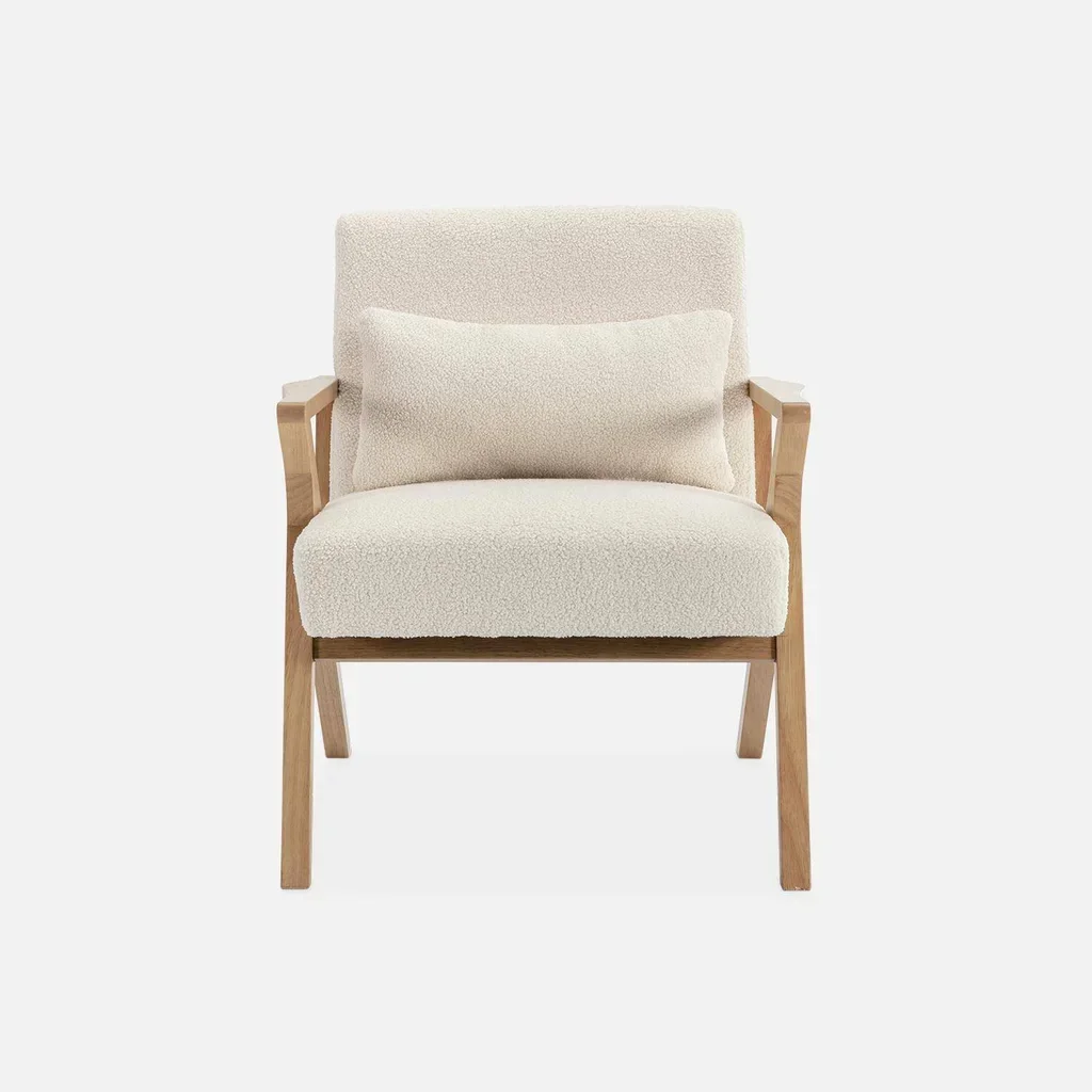Fauteuil scandinave bois hévéa bouclette crème - Antoine