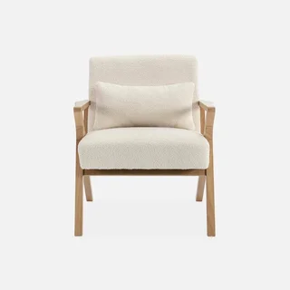 Fauteuil scandinave bois hévéa bouclette crème - Antoine