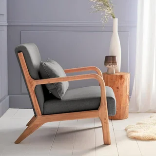 Fauteuil design scandinave bois hévéa massif tissu rembourré Lorens