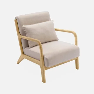 Fauteuil scandinave bois hévéa massif tissu rembourré Lorens confort