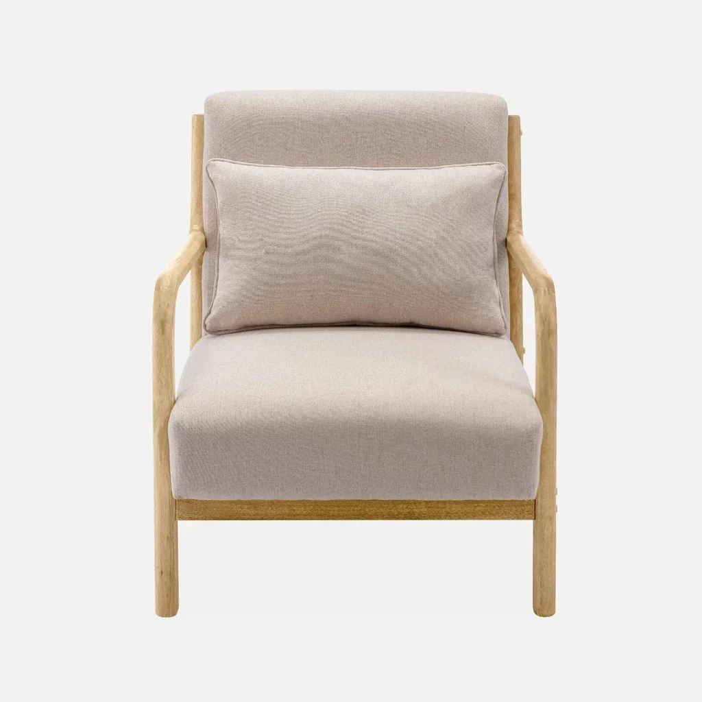 Fauteuil scandinave bois hévéa massif tissu rembourré Lorens confort