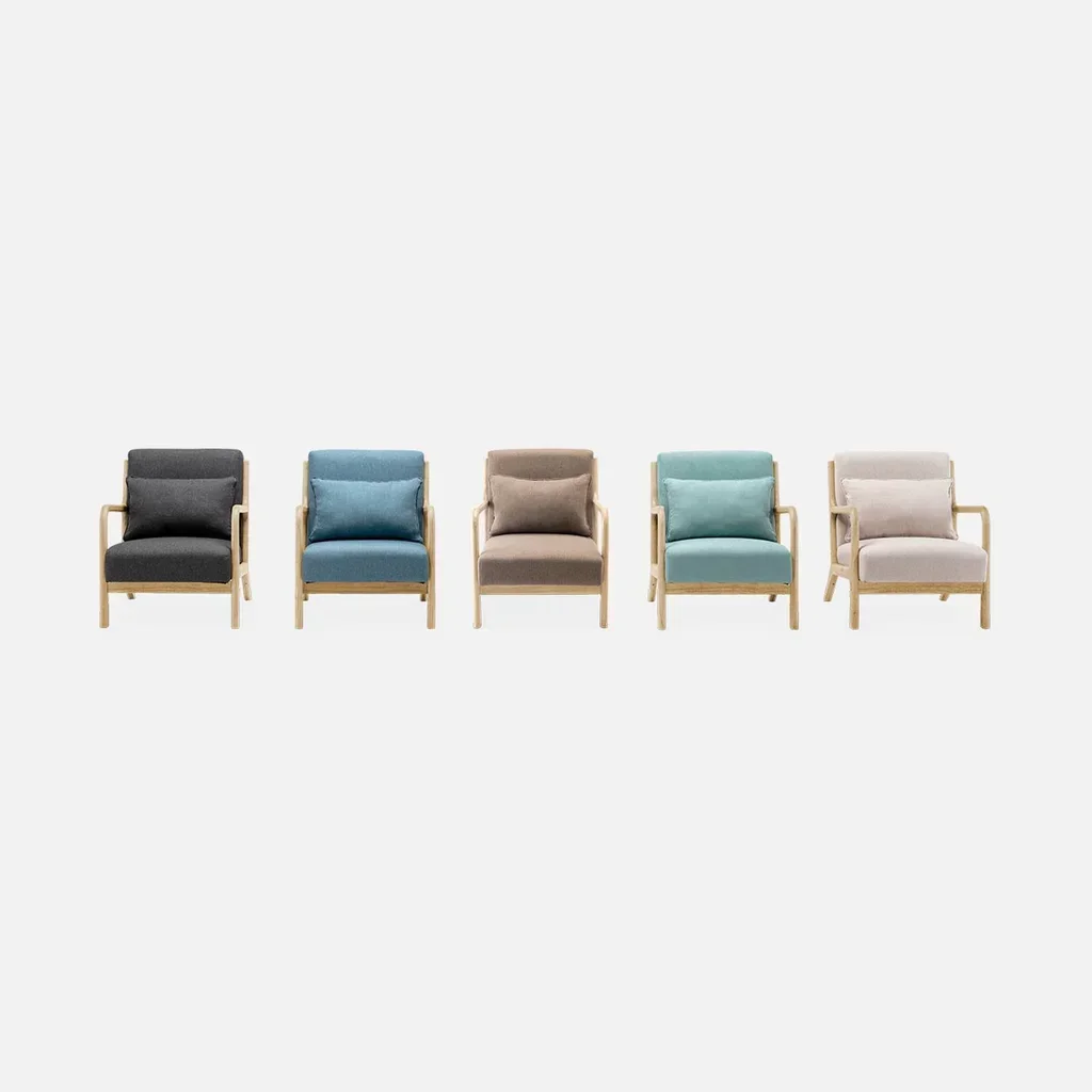 Fauteuil design scandinave bois hévéa massif tissu rembourré Lorens