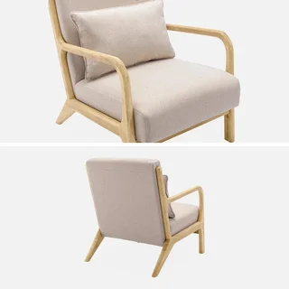 Fauteuil scandinave bois hévéa massif tissu rembourré Lorens confort