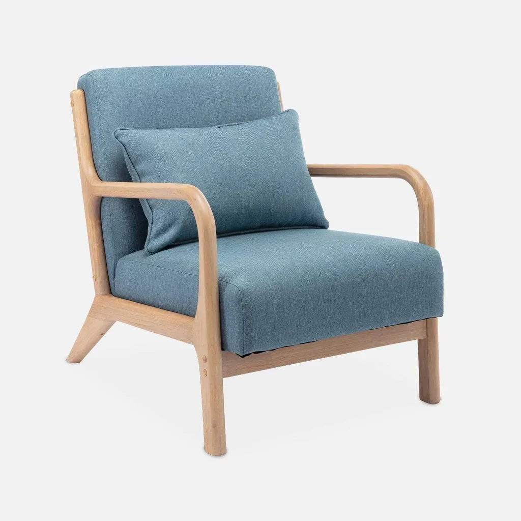 Fauteuil scandinave bois hévéa massif tissu rembourré Lorens design