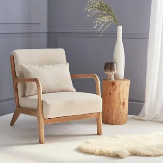 Fauteuil scandinave bois hévéa massif tissu rembourré Lorens confort
