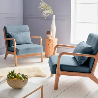 Fauteuil scandinave bois hévéa massif tissu rembourré Lorens design