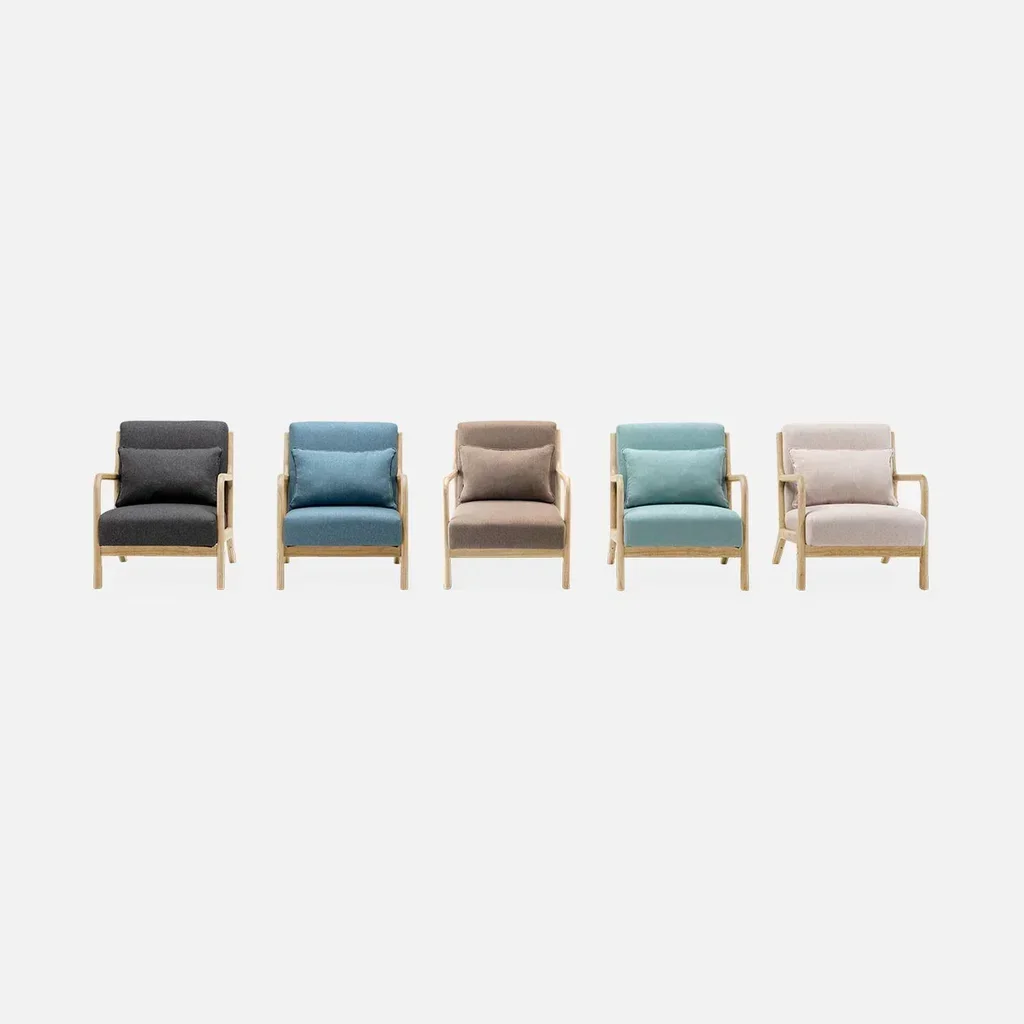 Fauteuil scandinave bois hévéa massif tissu rembourré Lorens design