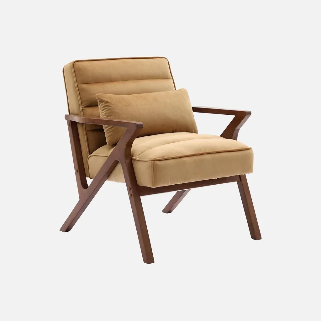 Fauteuil scandinave velours vert bois hévéa noyer clair salon cocooning