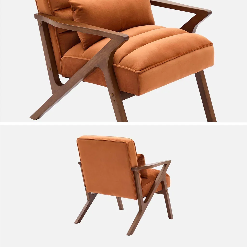 Fauteuil scandinave velours bois hévéa noyer clair design confort