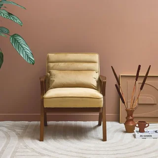 Fauteuil scandinave velours vert bois hévéa noyer clair salon cocooning