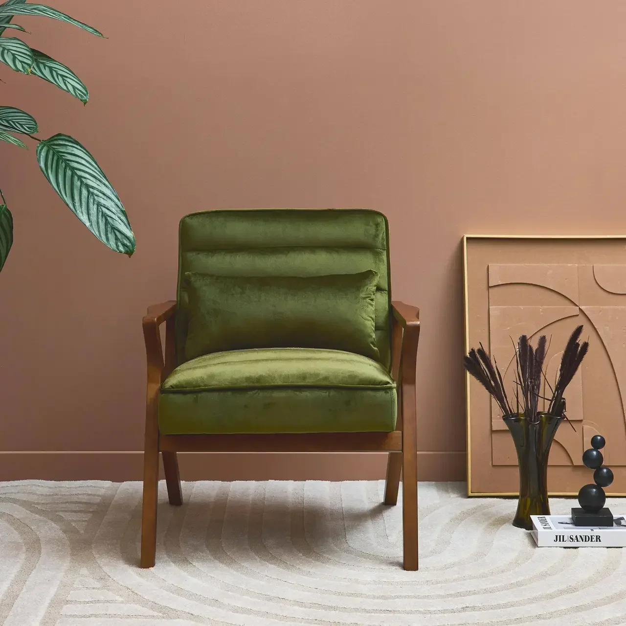 Fauteuil design scandinave en velours et bois d'hévéa