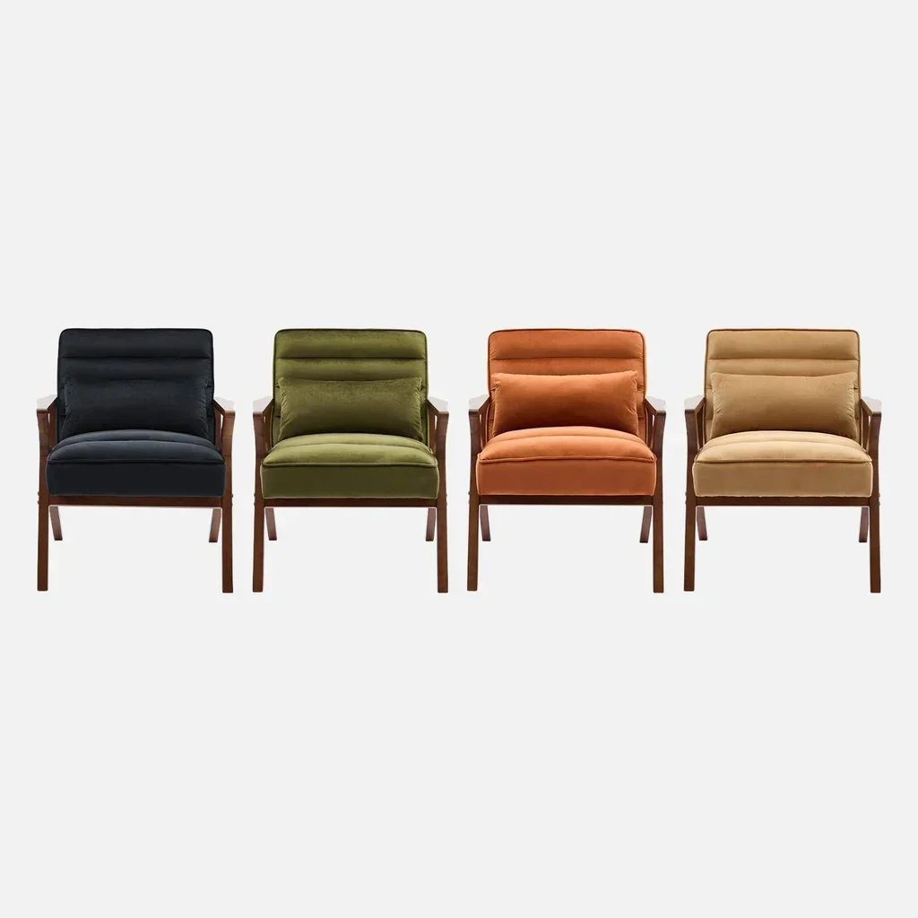 Fauteuil scandinave velours vert bois hévéa noyer clair salon cocooning