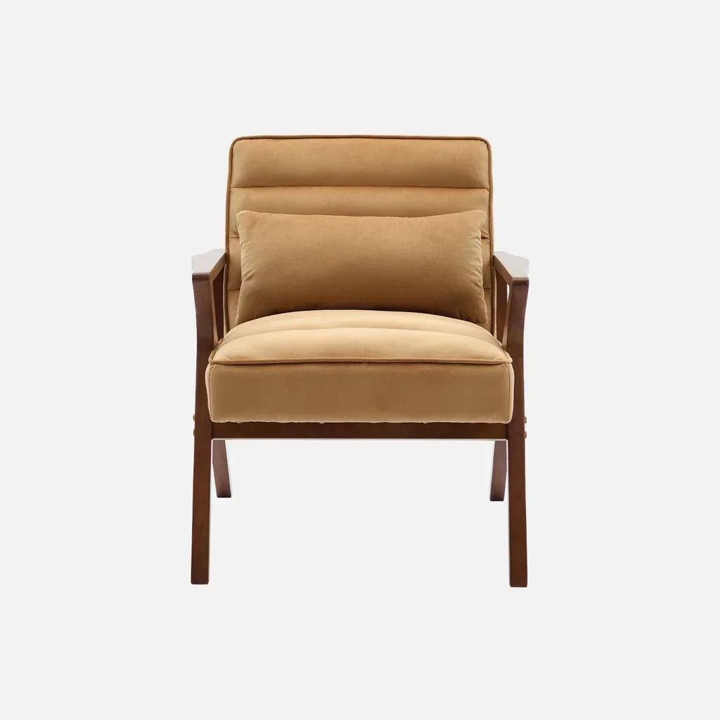 Fauteuil scandinave velours vert bois hévéa noyer clair salon cocooning