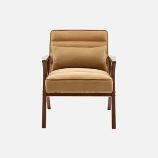 Fauteuil scandinave velours vert bois hévéa noyer clair salon cocooning