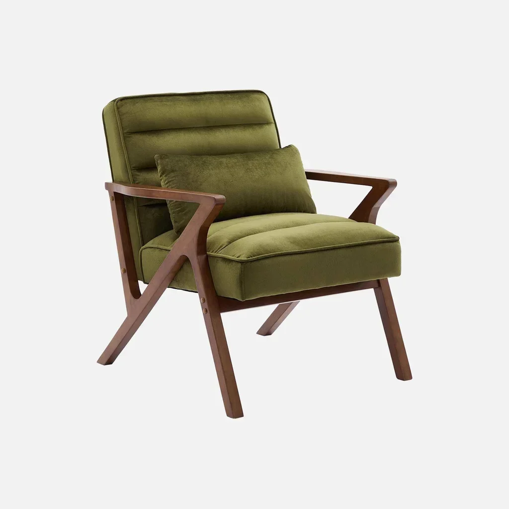 Fauteuil design scandinave en velours et bois d'hévéa