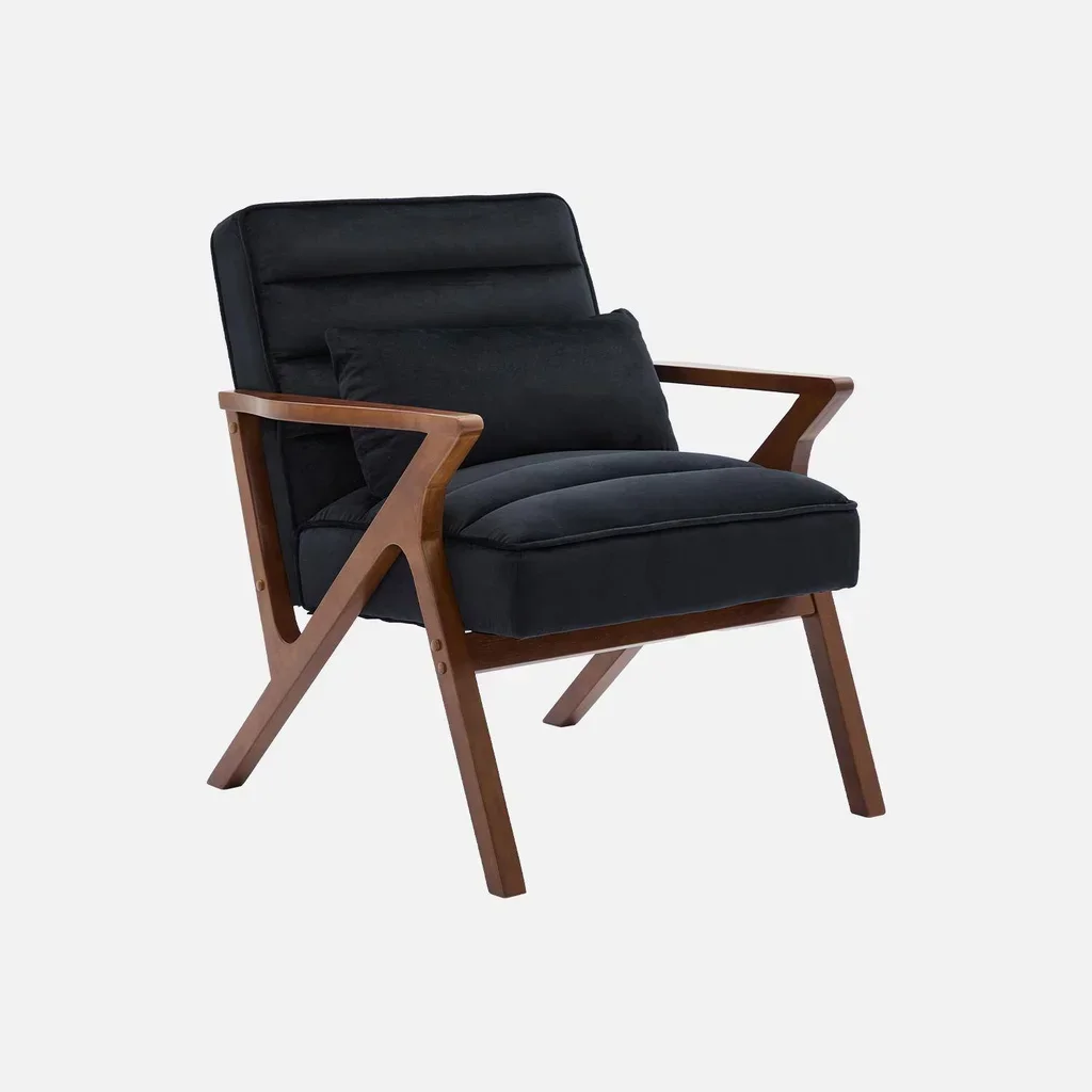 Fauteuil scandinave velours bois hévéa design élégant confort