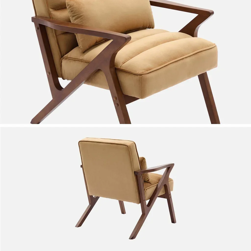 Fauteuil scandinave velours vert bois hévéa noyer clair salon cocooning