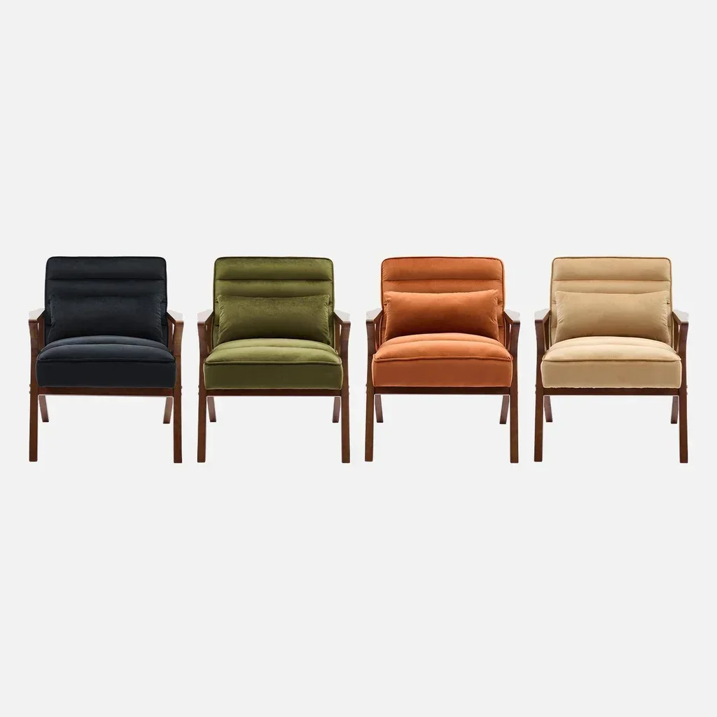 Fauteuil scandinave velours bois hévéa design élégant confort