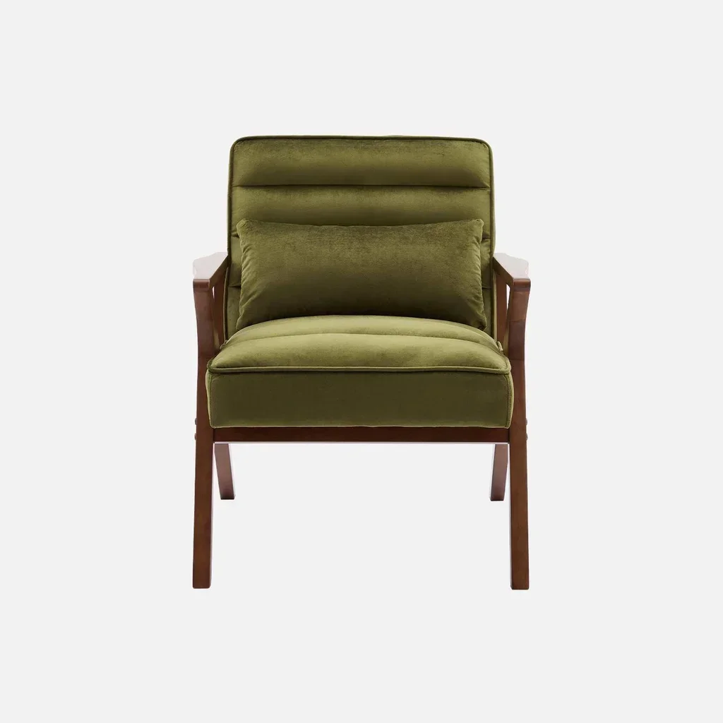 Fauteuil design scandinave en velours et bois d'hévéa