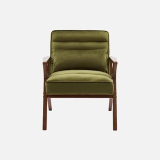 Fauteuil design scandinave en velours et bois d'hévéa