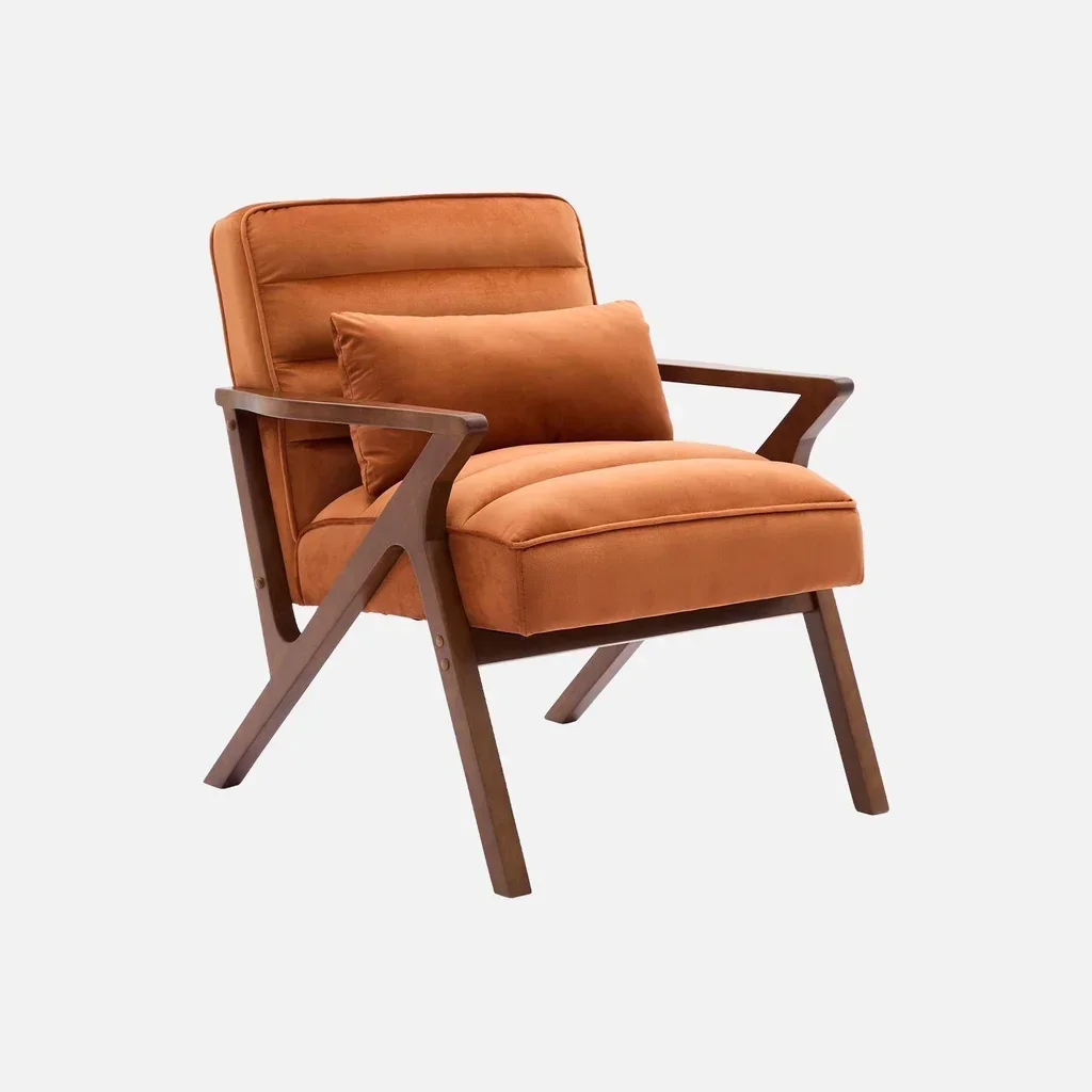 Fauteuil scandinave velours bois hévéa noyer clair design confort