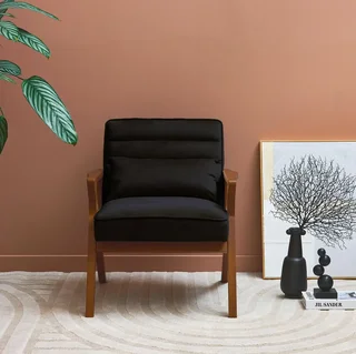 Fauteuil scandinave velours bois hévéa design élégant confort