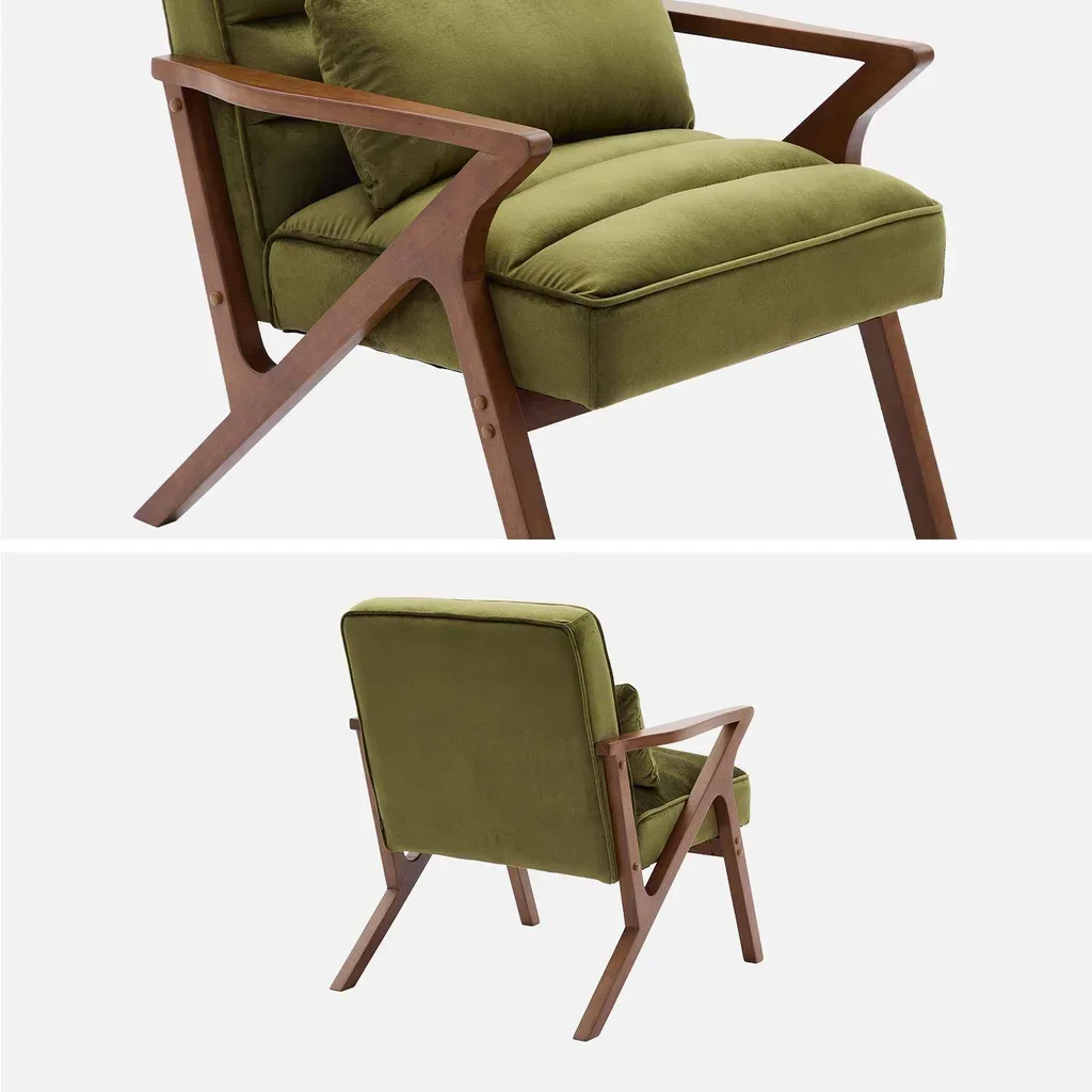 Fauteuil design scandinave en velours et bois d'hévéa