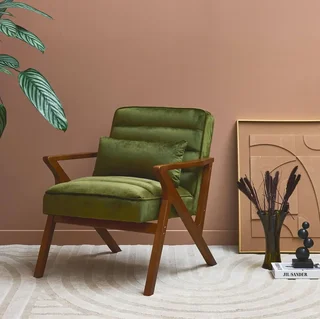 Fauteuil design scandinave en velours et bois d'hévéa
