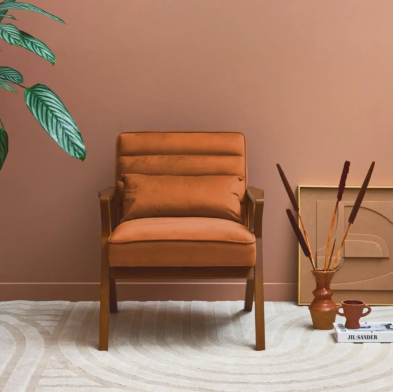 Fauteuil scandinave velours bois hévéa noyer clair design confort
