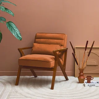 Fauteuil scandinave velours bois hévéa noyer clair design confort