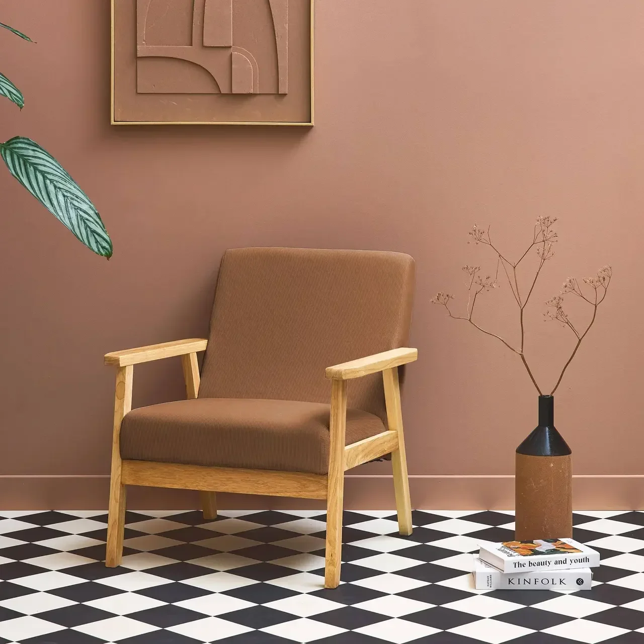 Fauteuil scandinave velours côtelé bois peuplier hévéa vintage Isak