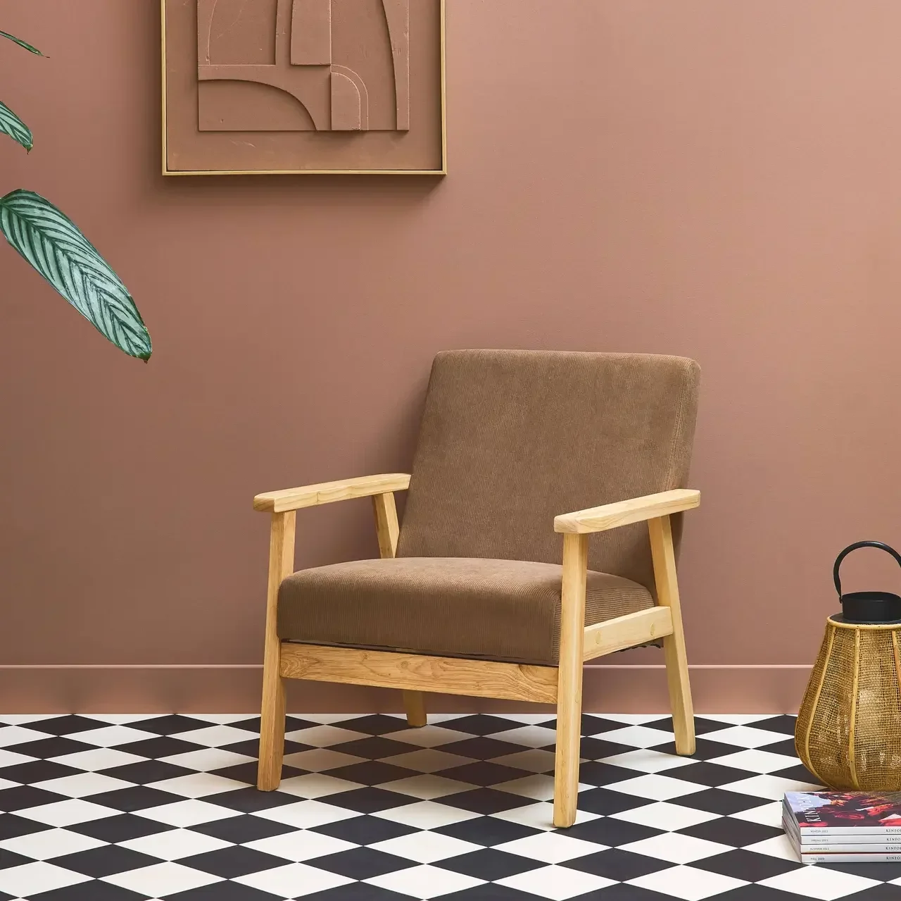 Fauteuil scandinave bois peuplier hévéa velours côtelé vintage Isak
