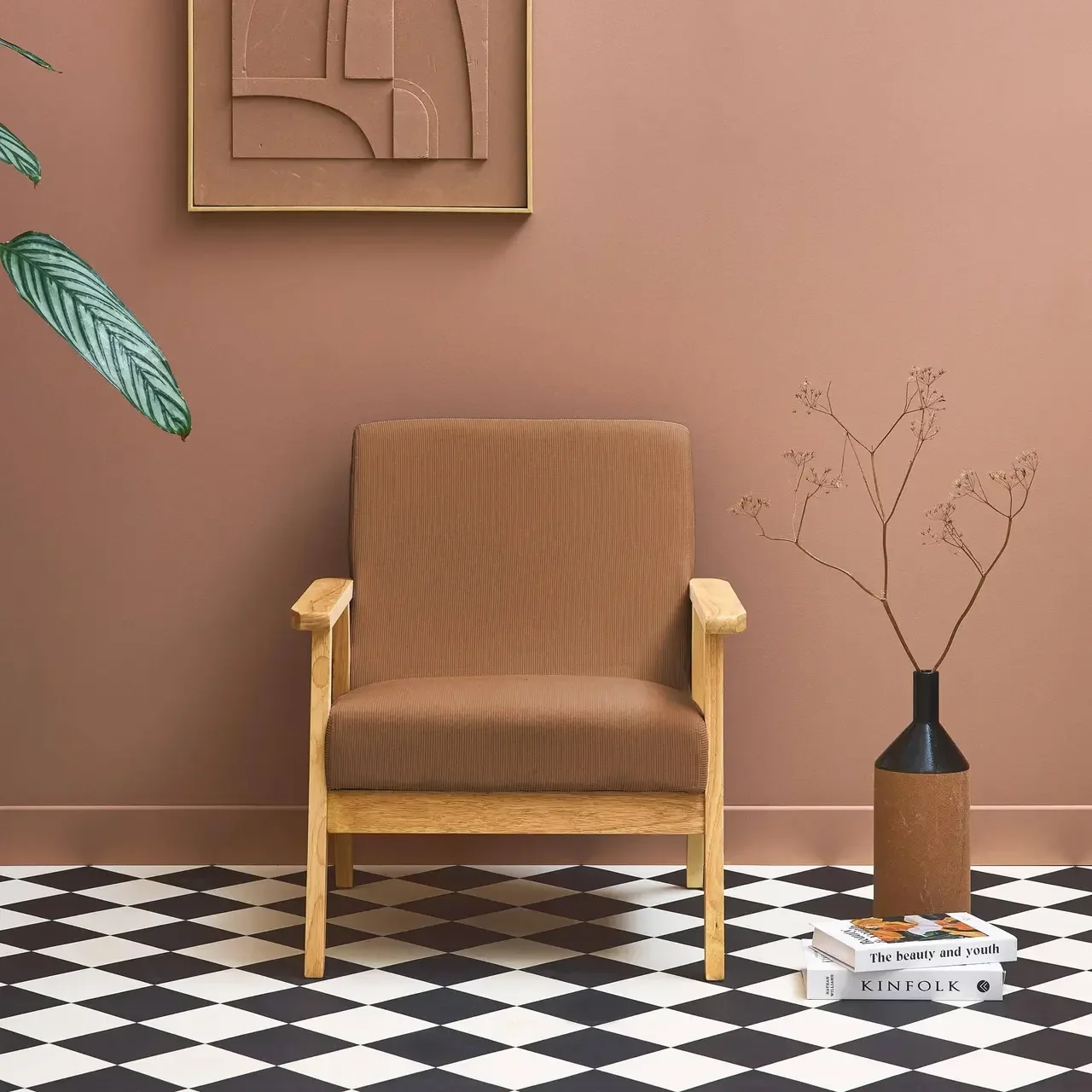 Fauteuil scandinave velours côtelé bois peuplier hévéa vintage Isak