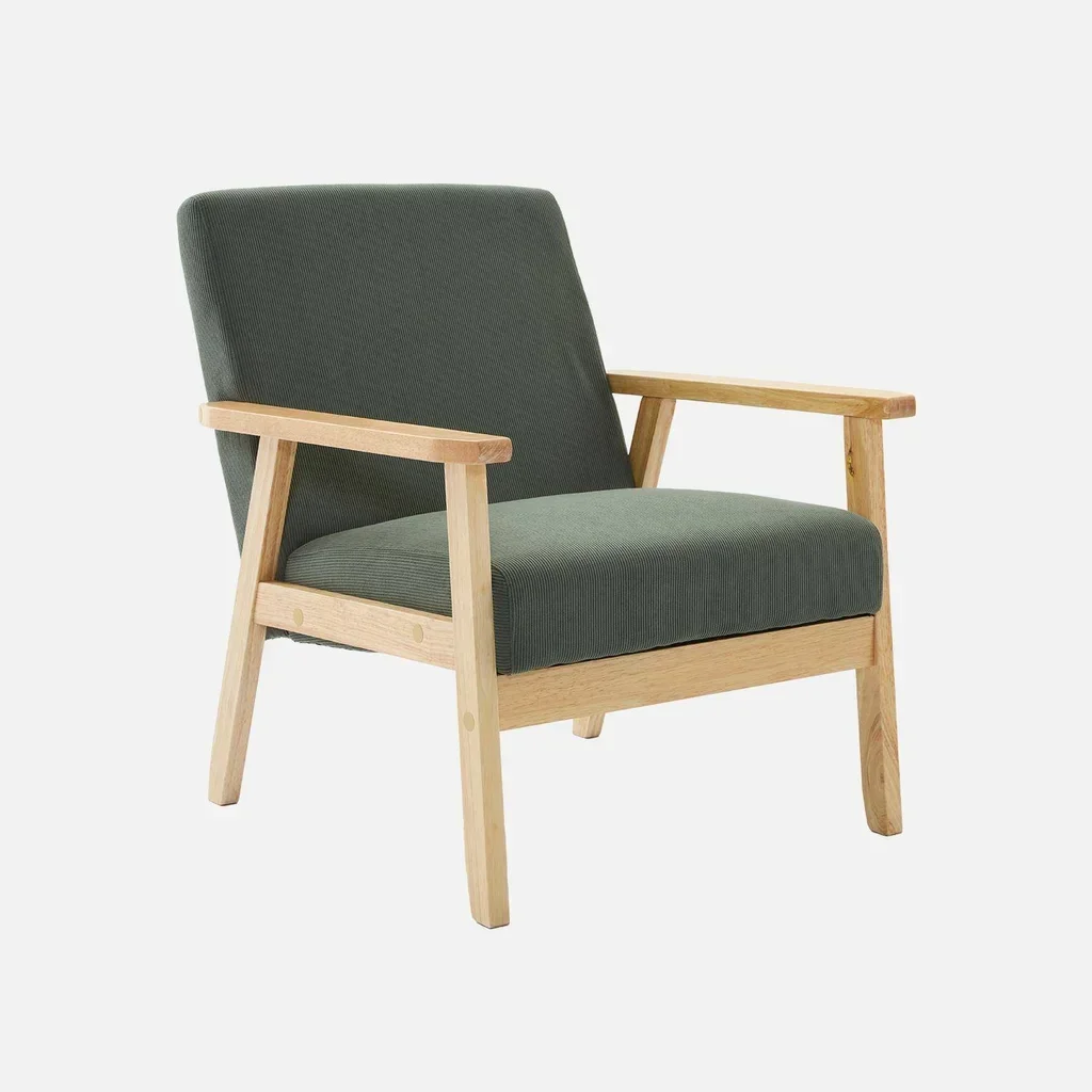Fauteuil scandinave vintage bois peuplier velours côtelé gris confort