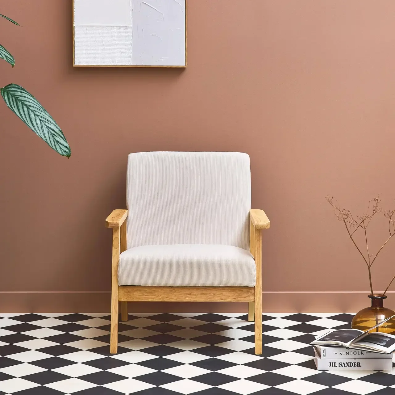 Fauteuil scandinave velours côtelé bois peuplier hévéa vintage Isak