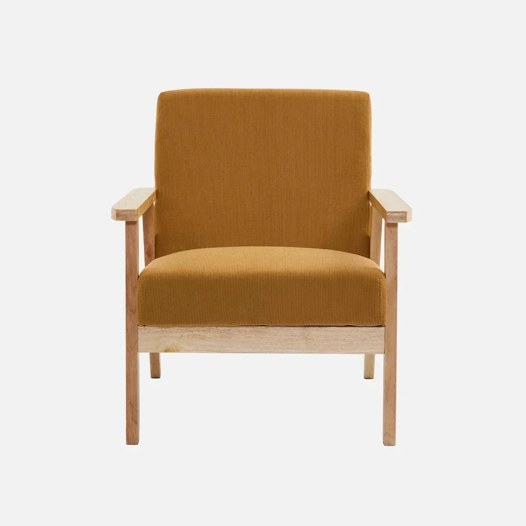Fauteuil scandinave velours côtelé bois peuplier hévéa design vintage