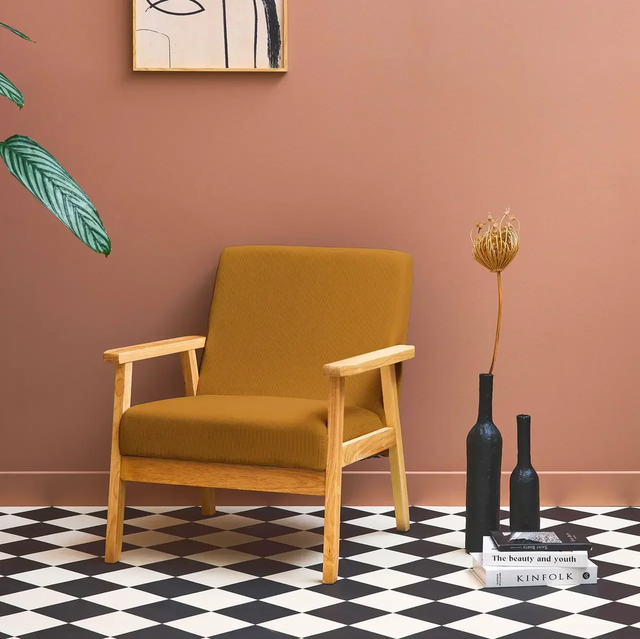 Fauteuil scandinave velours côtelé bois peuplier hévéa design vintage