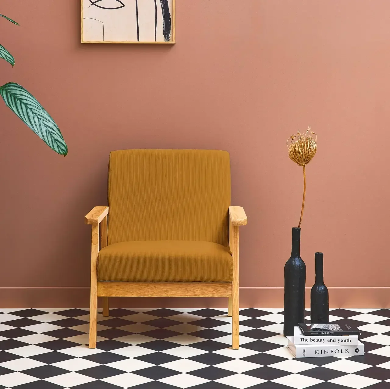 Fauteuil scandinave velours côtelé bois peuplier hévéa design vintage