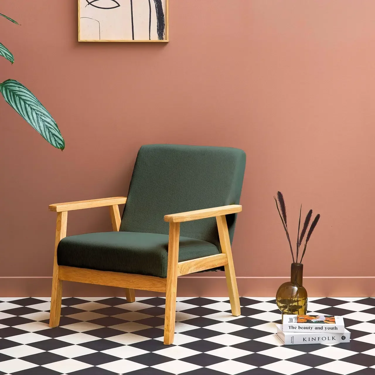 Fauteuil scandinave vintage bois peuplier velours côtelé gris confort