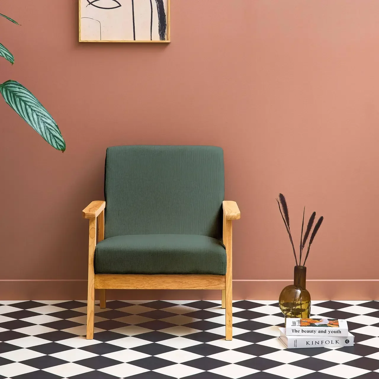 Fauteuil scandinave vintage bois peuplier velours côtelé gris confort